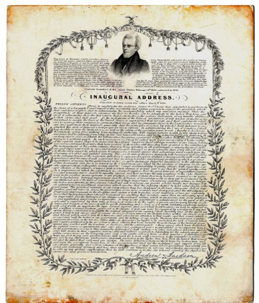 Andrew Jackson Inaugural Address 5'' x 6.5'' Broadside