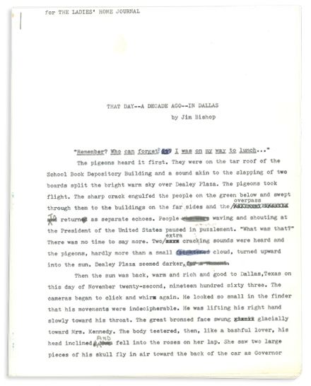 JFK Assassination Manuscript -- ''That Day - A Decade Ago - In Dallas'' by Jim Bishop -- With Copious Corrections by Bishop