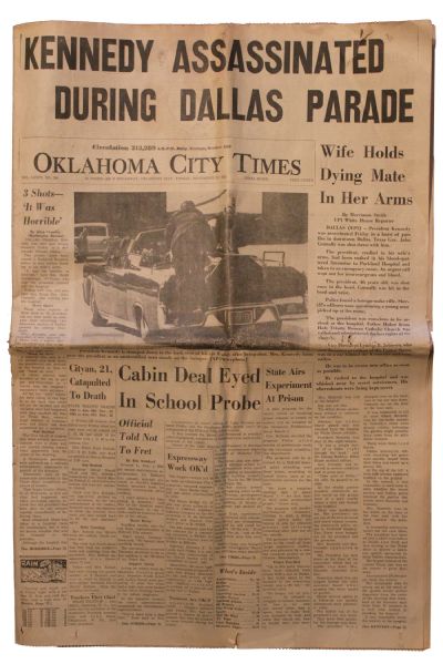 ''Oklahoma City Times'' From Day of JFK Assassination -- ''Wife Holds Dying Mate In Her Arms'' and ''3 Shots'' 