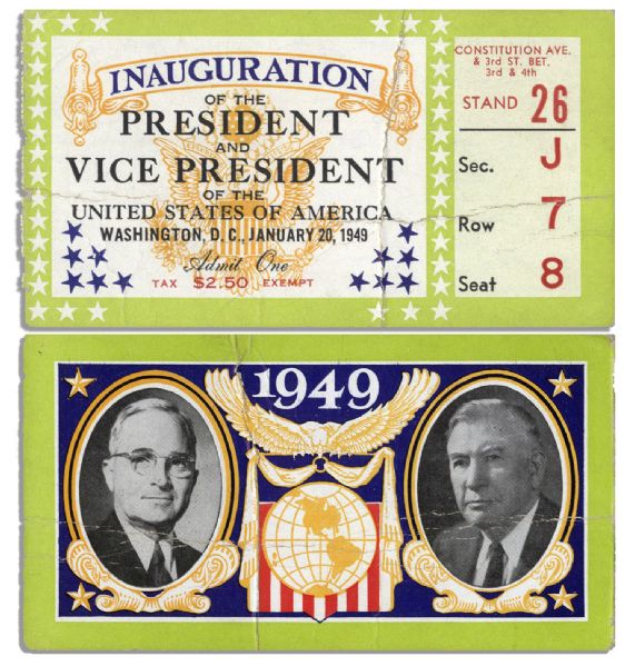 Truman & Barkley Inaugural Ticket Stub -- 20 January 1949 -- First Televised Inaugural -- 4.5'' x 2.5'' -- Some Creasing; Very Good