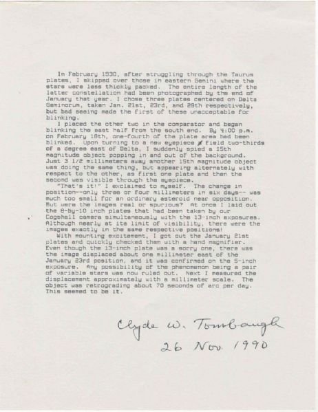 Astronomer Clyde Tombaugh Signed Description of Discovering Pluto -- ...That's It!...