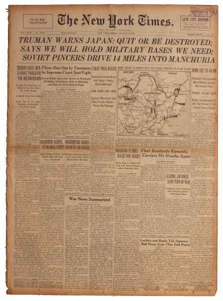 Truman Threatens Japan With Third Nuke In ''New York Times'' 10 August 1945 -- ''Truman Warns Japan: Quit Or Be Destroyed''