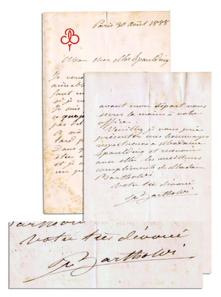 Statue of Liberty Sculptor Frederic-Auguste Bartholdi Autograph Letter Signed -- 1888 -- ''...I shall come to your office before my departure to shake your hand...'' 