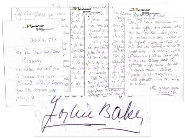 Josephine Baker Autograph Letter Signed -- …the cat can stay in the kitchen - pay attention to her that she does not chase the animals - birds, etc. Pay attention to Fifi as well…