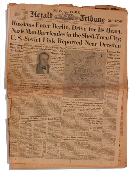 WWII Newspaper -- 22 April 1945 -- ''New York Herald Tribune'' Announces Russian Invasion of Berlin