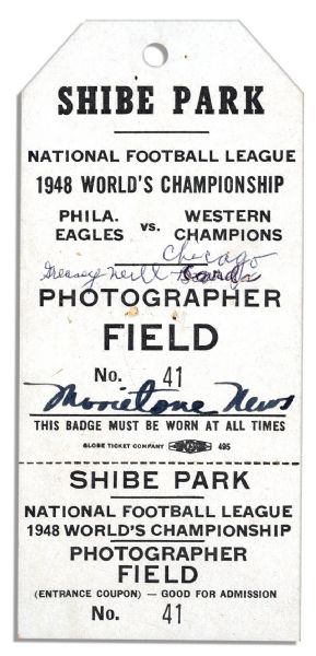 1948 NFL World Championship Photographer Field Pass -- Shibe Park, Philadelphia Eagles vs. Western Champions -- Staple Holes, Very Good