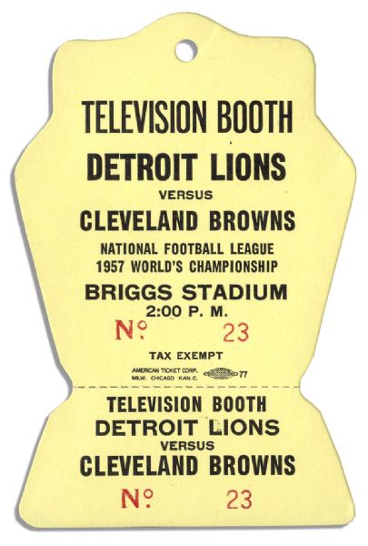1953 NFL World Championship Television Booth Pass -- Briggs Stadium, Cleveland Browns vs. Detroit Lions -- Very Good