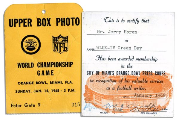 1968 AFL vs. NFL World Championship Game Upper Box Photo Pass, Later Known as Super Bowl II -- Orange Bowl -- Foxing, Very Good
