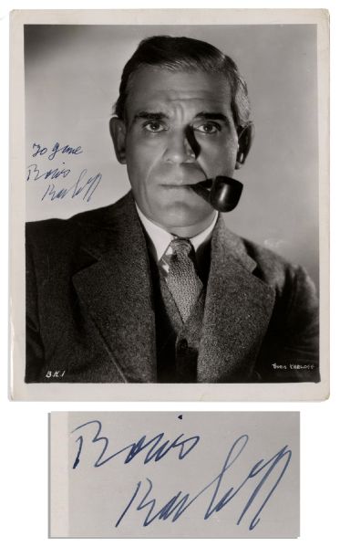 Boris Karloff Signed 8'' x 10'' Photo -- Black & White Glossy Portrait Circa 1940 Signed in Blue Ink ''To Gene / Boris / Karloff'' -- Near Fine