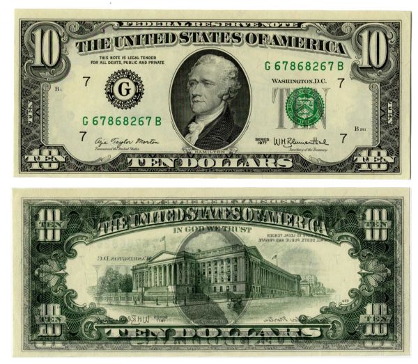 $10 Federal Reserve Error Note -- Series 1977, Chicago -- Double Printing Mistake
