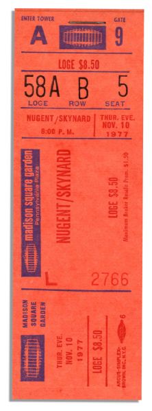 Ticket for Cancelled November 1977 Lynyrd Skynyrd Concert -- Tour Ended in October with Plane Crash Killing Three Band Members