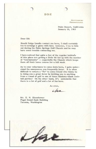 Dwight Eisenhower Typed Letter Signed -- ''...these blankety-blank cocktail parties...'' -- 1963