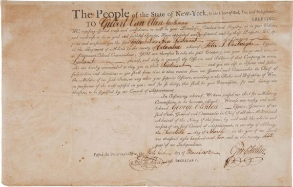 George Clinton Militia Appointment Signed as Governor of New York -- 20 March 1802 -- 15.5'' x 10'' -- Very Good