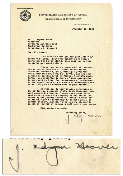 J. Edgar Hoover Typed Letter Signed on FBI Stationery -- 1951 -- Toning & Chips -- Measures 8'' x 10.5'' -- Very Good Condition