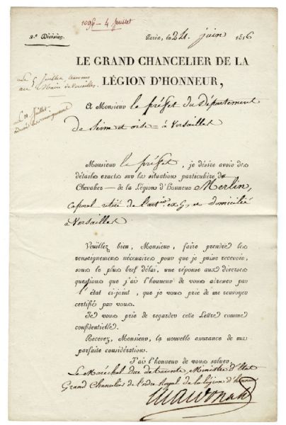 Napoleonic Legion D'Honneur Document -- 1816 