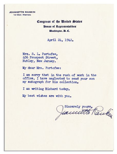 First U.S. Congresswoman, Jeannette Rankin Typed Letter Signed -- 1942