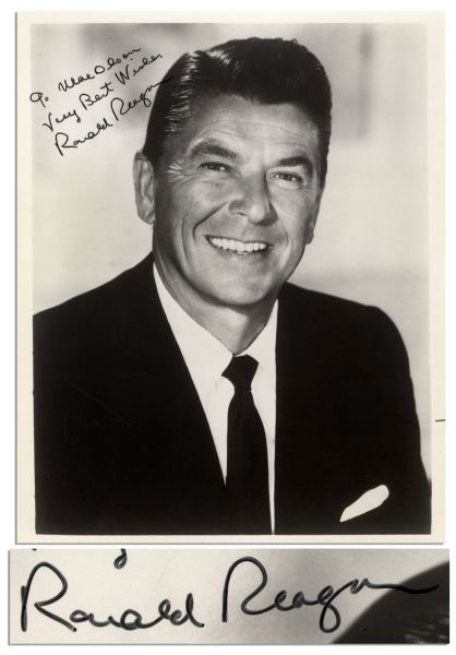 Ronald Reagan Signed 8'' x 10'' Glossy Photo -- Inscribed in His Hand ''Neal Olson / Very Best Wishes / Ronald Reagan'' -- Some Buckling, Else Near Fine