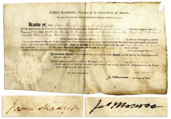 1811 Ohio Land Grant Signed by James Madison & James Monroe