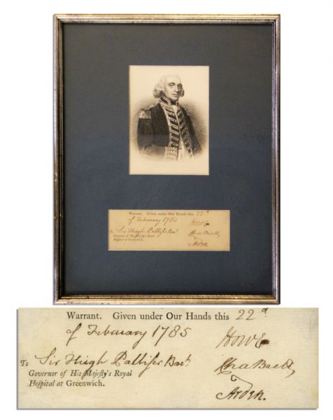 Admiral Richard Howe Document Signed ''Howe'' in Black Ink -- 22 February 1785 -- Partial Document Clipped to a Size of 6.75'' x 2.5'', Matted and Framed to an Overall Size of 12.75'' x 16'' --...
