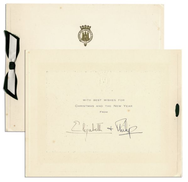 Queen Elizabeth and Prince Philip Signed Christmas Card -- Official 1940's Royal Card