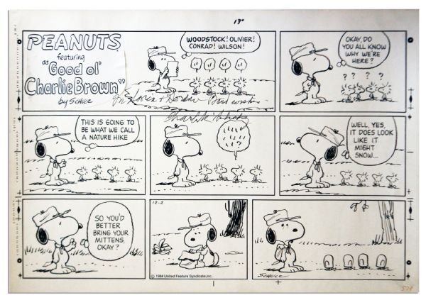 Charles Schulz Hand-Drawn ''Peanuts'' Sunday Comic Strip -- Snoopy Takes Woodstock & Friends on a ''Nature Hike'' -- 1984