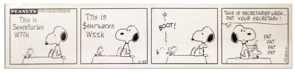 Charles Schulz Hand-Drawn ''Peanuts'' Four-Panel Strip -- Snoopy Appreciates Woodstock in Honor of Secretaries Week -- 1972
