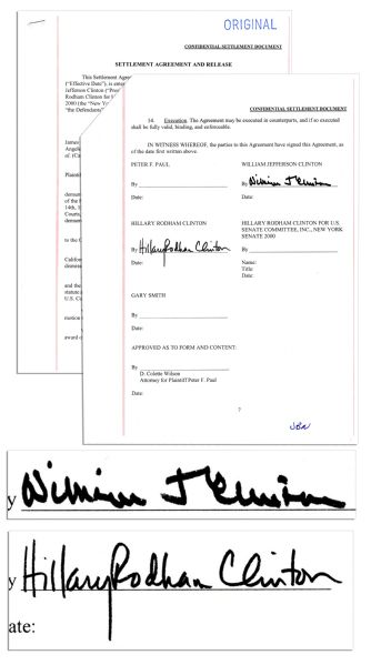 Bill and Hillary Clinton Legal Document Signed Regarding Settlement of a Confidential Civil Suit -- The Only Civil Fraud Suit Ever Brought Against a U.S. President