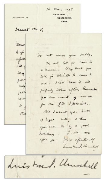 Winston Churchill Autograph Letter Signed to His Ill Secretary -- ''...Remember you can count on me...All I want you to do is get well...'' -- 1938