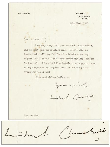 Winston Churchill Typed Letter Signed -- Expressing Concern for His Longtime Secretary After an Accident -- ''...I will pay for the extra treatment you may require...''