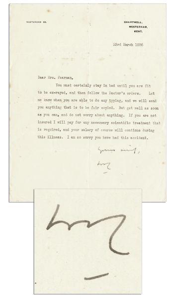 Winston Churchill Typed Letter Signed to His Secretary -- ''...If you are not insured I will pay for any scientific treatment that is required...'' -- 1936