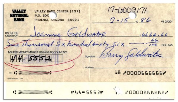 Republican Presidential Candidate Barry Goldwater Handwritten Check Signed ''Barry Goldwater'' -- In the Unusual Amount of $6666.66, Dated 15 February 1986 -- 6'' x 3.5'' -- Very Good
