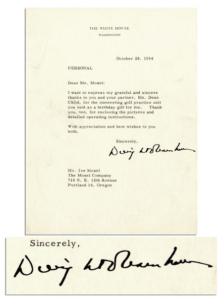 Dwight Eisenhower Typed Letter Signed as President -- ''...thanks to you...for the interesting golf practice unit you sent as a birthday gift for me...'' -- 1954