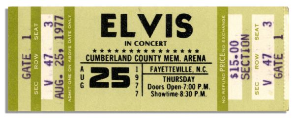 Unused Elvis Concert Ticket -- Thursday, 25 August 1977 -- Fayetteville, North Carolina -- Measures 4.25'' x 1.5'' -- Excellent Condition