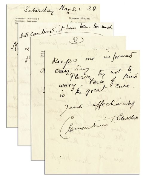 Clementine Churchill Autograph Letter Signed to Her Husband's Secretary -- ''...Nervous Exhaustion cannot be hurried...You have done so much for Mr. Churchill and he is so sad you are ill...''