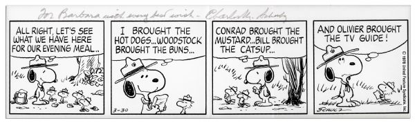 Charles Schulz Hand-Drawn ''Peanuts'' Four-Panel Strip -- Snoopy as Scout Master Takes Woodstock & Friends Camping