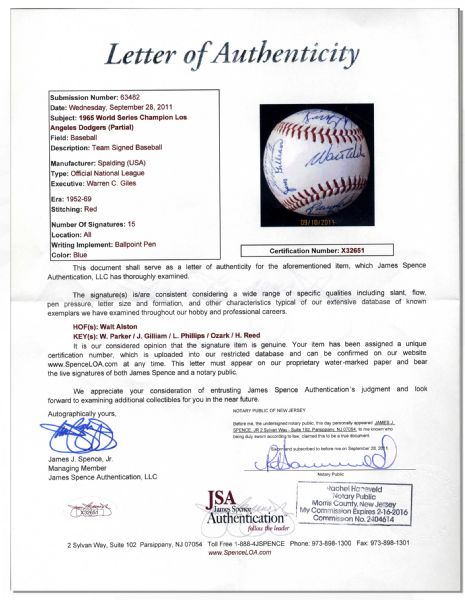 1965 World Series Champion Dodgers Team Signed Baseball --  Walt Alston Signs Sweet Spot -- 15 Signatures -- With JSA COA