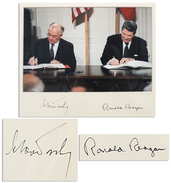 Ronald Reagan Memorabilia Auction Ronald Reagan and Mikhail Gorbachev Signed Photo -- 8 December 1987 Signing of Intermediate-Range Nuclear Forces Treaty