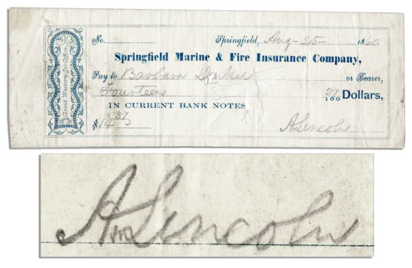 1860 Check Written and Signed by Abraham Lincoln -- In the Midst of His Campaign for President