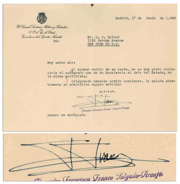 Francisco Franco 1948 Typed Letter Signed -- With Original Envelope Signed by Franco