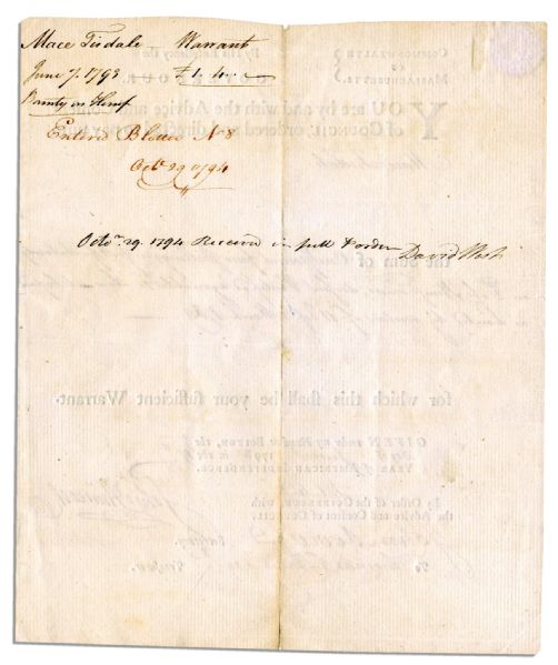 John Hancock Signs a Document in 1793, The Last Year of His Life -- for a Bounty on Hemp