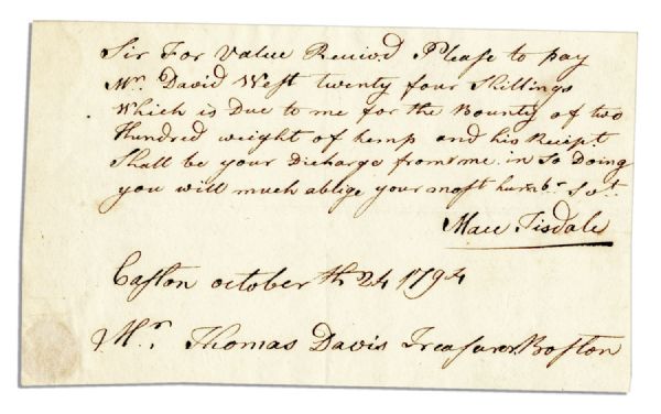 John Hancock Signs a Document in 1793, The Last Year of His Life -- for a Bounty on Hemp