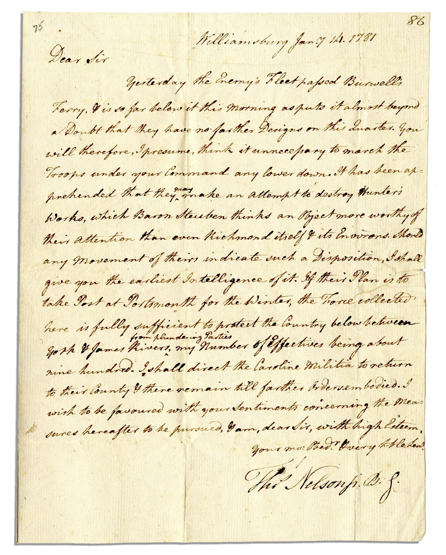 Thomas Nelson autograph Thomas Nelson Signed Letter on Benedict Arnold's Whereabouts at the Beginning of the Virginia Campaign That Would Lead to Yorktown -- ''...Yesterday the enemy's fleet passed Burwell's Ferry...''