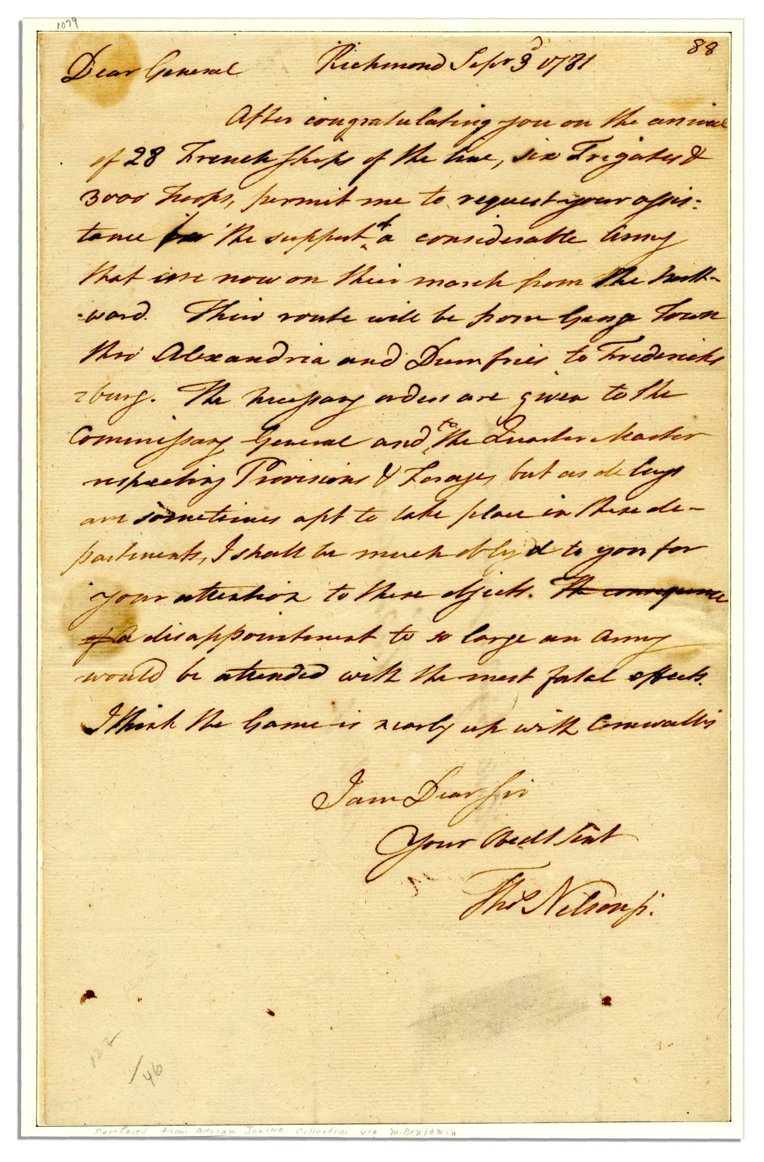 Thomas Nelson autograph Lot #36: Rare Declaration Signer & Virginia Gov. Thomas Nelson Autograph Letter Signed One and a Half Months Before the Yorktown Surrender -- ''...I think the game is nearly up with Cornwallis...'' -- 1781