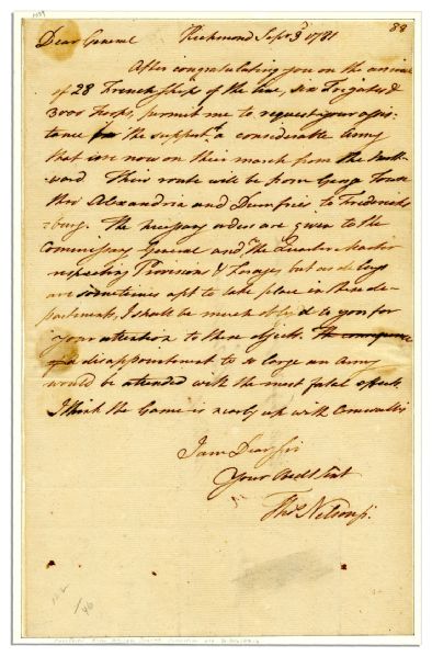 Rare Declaration Signer & Virginia Gov. Thomas Nelson Autograph Letter Signed One and a Half Months Before the Yorktown Surrender -- ''...I think the game is nearly up with Cornwallis...'' -- 1781