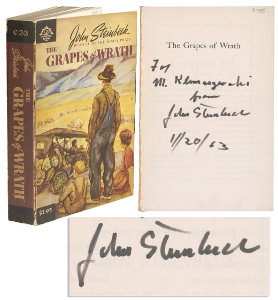 John Steinbeck Signed Copy of ''The Grapes of Wrath'' -- Fine Piece of American Literature Signed by the Author the Year After He Won the Nobel Prize