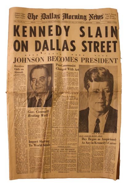 Historic ''The Dallas Morning News'' From Morning After JFK Assassination Stunned the World -- Headlines Include ''Johnson Becomes President'' and ''Pro-Communist Charged With Act''