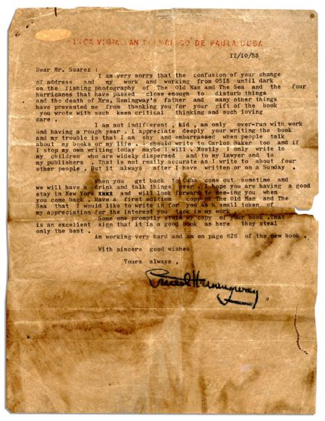 Ernest Hemingway Letter Signed with Superb Content Regarding Working on ''The Old Man and the Sea'' and Calling Himself ''Shy and Embarrassed When People Talk About My Books or My Life''
