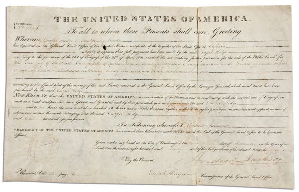 Andrew Jackson 1830 Document Signed as President -- Land Grant in Alabama