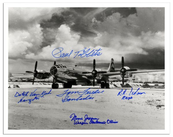 WWII Enola Gay Crew Signed 10'' x 8'' Photo of the Plane -- Paul Tibbets, Dutch Van Kirk, Tom Ferebee, Richard H. Nelson & Morris Jeppson Sign in Blue Felt Tip -- Fine 
