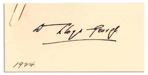 David Lloyd George Signature -- British Prime Minister Signs, ''D Lloyd George'' -- ''1924'' in Another Hand -- 4'' x 2'' -- Tape & Rust Residue -- Near Fine